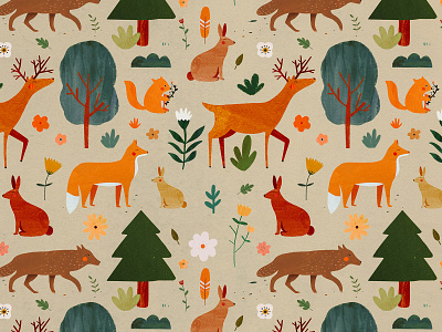 Little forest 🌳 animal animals deer forest fox illustration illustration art illustrator kids illustration pattern pattern design plant illustration wolf