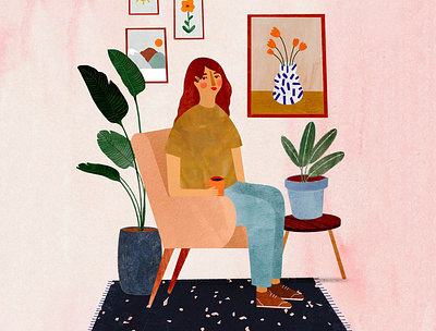 She loves coffee ✨ deco decoration female character illustration illustration art illustrator kids illustration plant
