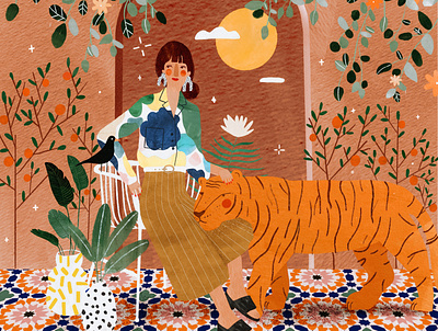 Moroccan mood 💚 animal female character illustration illustration art illustrator kids illustration maroc moroccan morocco pattern plant illustration tiger