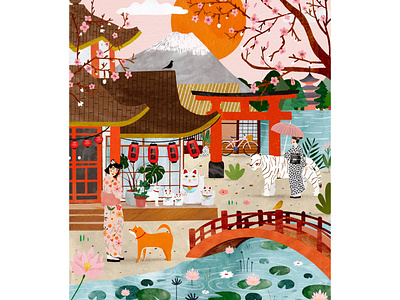 Japon dream 🇯🇵 animal animals cat cat illustration female character illustration illustration art illustrator japan japanese art japanese culture kids illustration plant illustration