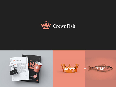 Crown + Fish logo concept (Unused for SALE) brand identity branding creative logo crown logo design fish logo graphic design logo logo design logo for sale logomaker luxury logo minimal seafood logo