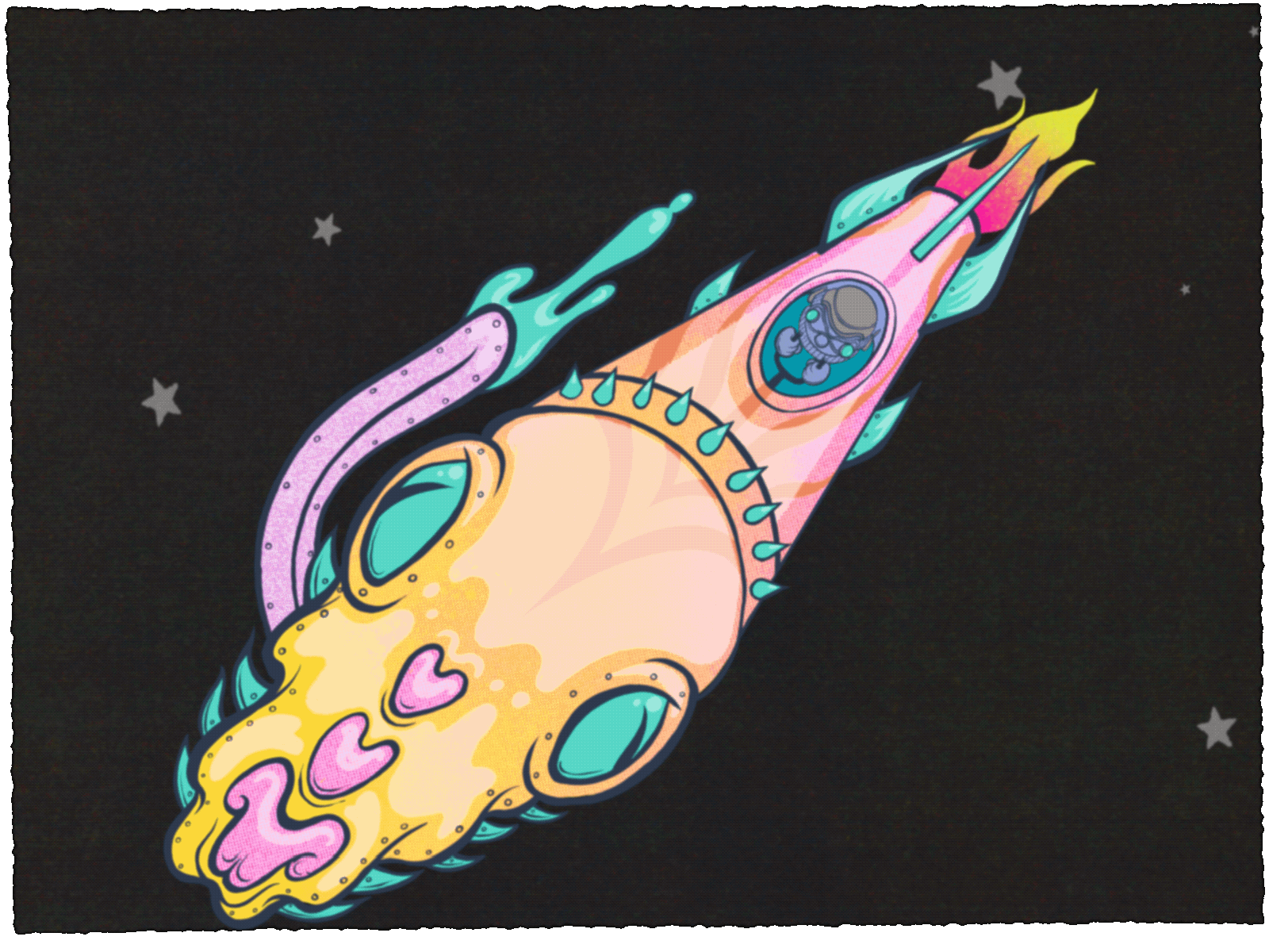Moth Eaten Planets Tapes Project Interlude animation collar comic design drool fire galaxy hip hop illustration pilot procreate rocket space spikes stars tiger tongue