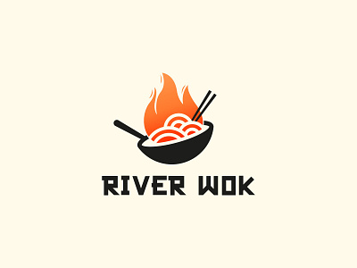 River Wok Logo Design asian asian food brand brand identity branding design fire icon logo logo design logodesign minimal noodle symbol wok