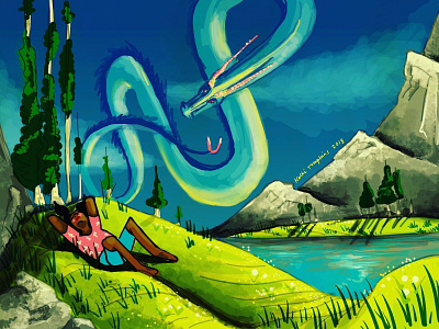 Nap with dragon contemporary digital art digital painting figurative graphic illustration illustration