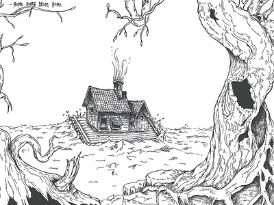 Home Away From Home blackandwhite commission house housewarming illustration ink lineart sea sketch