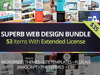 Superb Web Design Bundle with 53 Premium Items – Only $35 bundle code css design html5 javascript php plugin script theme web