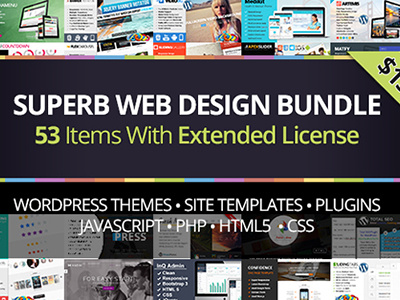 Superb Web Design Bundle with 53 Premium Items – Only $15 bundle code css design html5 javascript php plugin script theme web