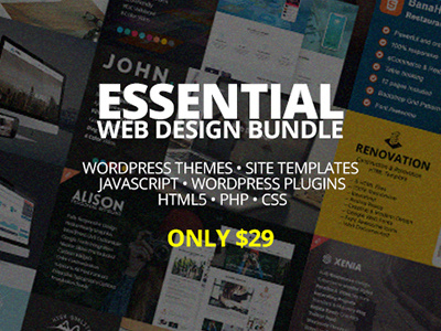 Essential Web Design Bundle with Extended License - Only $29 bundle code deal design essential extended plugin script template theme web wordpress