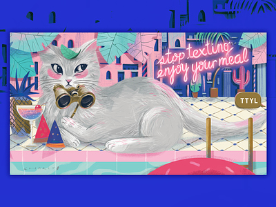 Lady Cat by the Poolside animal animation branding cat character conceptart creature design digital illustration illustrator landscape luxury mural painting pool poolside restuarant tiles whimsical