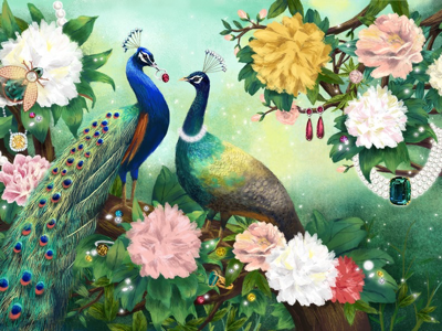Majestic creatures in the garden birds branding conceptart creatures digital digitalart floral illustration illustrator jewelry mural painting peacock restaurant website
