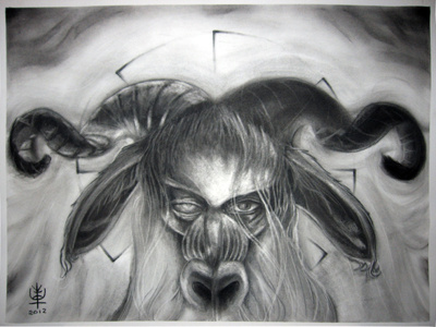 Introspective Self Portrait bw charcoal goat horns illustration satyr self portrait
