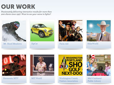 Redesign - Work Section blue green grey isite design meadows mt hood rock band white work yellow zipcar