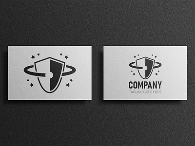 Shield Planet Logo Business Card black and white branding design logo moon planet security logo shield stars vector