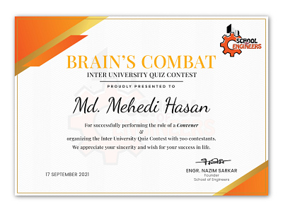 Certificate for Organizers of Countrywide Quiz Contest