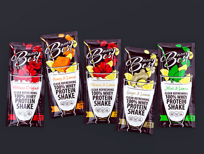 NOOR BEST — PROTEIN SHAKES brand branding cocktail design ginger hibiscus honey illustration karkade lemon logo mint packaging packaging design protein sachet shake trademark vector