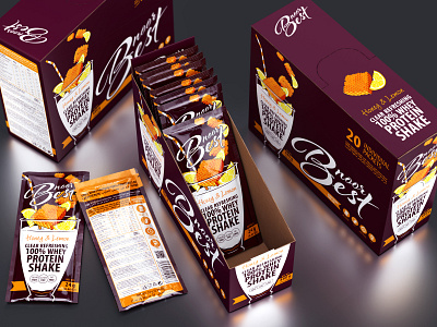 NOOR BEST — PROTEIN SHAKES box brand branding chake cocktail design honey illustration lemon logo packaging packaging design protein sachet trademark vector