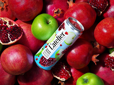 L'ATELIER — CARBONATED BEVERAGE apples brand branding can carbonated drink design drink fruit juice label logo packaging packaging design pomegranates refreshing drink soda soft drink trademark