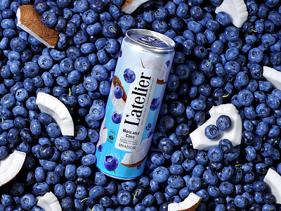 L'ATELIER — CARBONATED BEVERAGE berries blueberries brand branding can carbonated drink coconuts design drink juice label logo nuts packaging packaging design refreshing drink soda trademark