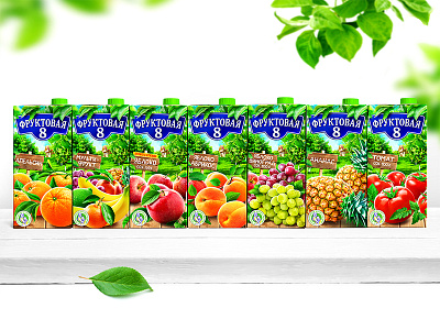 FRUKTOVAYA 8 — JUICES AND NECTARS apple apricot brand branding design fruit grape illustration juices logo nectars orange packaging packaging design pineapple tomato trademark