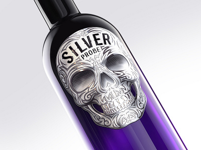 SILVER PROBE — VODKA alcohol alcoholic beverage bottle brand branding character design illustration label packaging packaging design silver skull trademark vector vodka