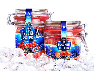RUSSKIY OSTROV — COOLED CRABS brand branding crabs design fish food glass jar illustration label logo packaging packaging design trademark