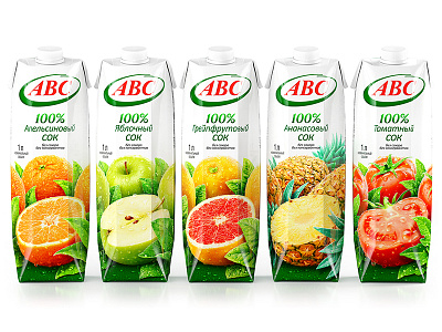 АВС — SUGAR AND PRESERVATIVES FREE JUICES apple brand branding design drink fruit grapefruit illustration juices logo packaging packaging design pineapple tetra pak tomatoes trademark