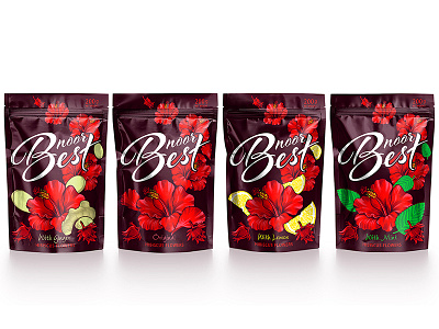 NOOR BEST — HIBISCUS DRINKS beverages brand branding design drinks ginger hibiscus illustration lemon logo mint packaging packaging design tea trademark vector