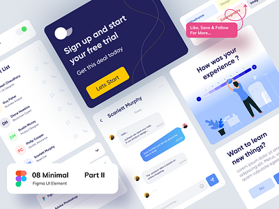 Figma Elements - Part II app branding cards chat color contact dropdown figma gredient icon illustration logo messaging minimal rating signup toggle button typography