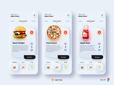 Neumorphism - Food App Design 3d app branding burger cards dailyui dark mode design food food app icon ios menu minimal neomorphism pizza typography ui design uidesign ux