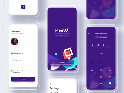 MeetO - Event and Party Management App app branding calender dailyui design event finger print illustraion ios logo minimal organiser otp party profile splash typography uiux ux vectors