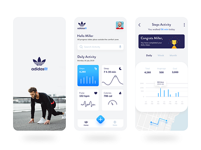 Adidas Fit - A Fitness App adidas adidas originals android app app concept cards design fitness fitness app gradient health icon illustration ios logo map profile sports ui ux