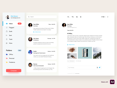 Mailbox adobe xd app cards clean dashboard design email email design icon listing mail mailbox mailing list messages minimal product design typography ui ux web