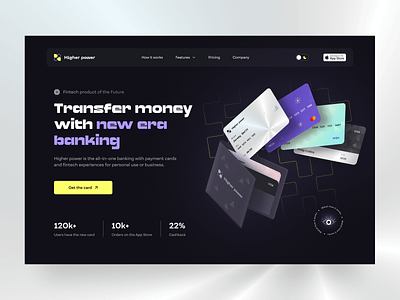 Higher power - Landing page animation application arounda banking app cards finance app fintech home page design landing page money transfer app payment platform product page design startup transactions user interface ux ui design wallet web website