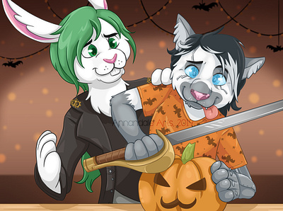 Furry Commission - Jack and Ditsi cat cute dog furry fursona halloween illustration rabbit