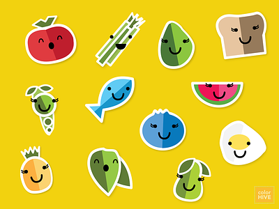 YummyHive I app children creatures design flat food fruit healthy eating healthy food icons illustration kids nutrition protein stickers veggies