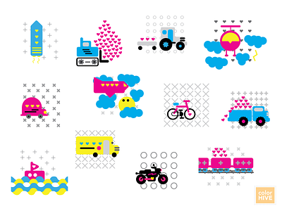 Love on the Move boat car color flat flatcolor helicopter icons illustration kids love motorcyle pattern plane road bike rocket tractor train transportation truck vector art