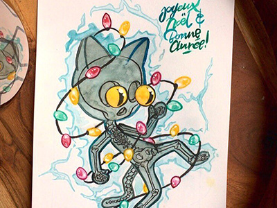 Cat XmaS cat christmas greetings ink skeleton type watercolor wishcard xmas