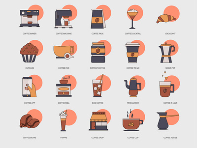 20 COFFEE ICONS PACK COLORED design flat graphic icon illustration