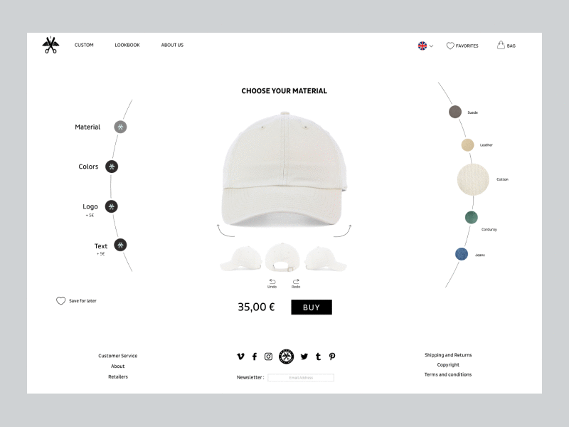 Customize your own cap benibla brand caps custom design product page streetwear ux ui web deisgn