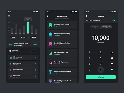 Language learning app UI (Dark mode) app design app designer dark dark mode language learning mobile app design mode theme ui uiux user experience design user interface