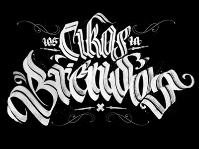 Calligraphy: Los Cikos La Brendos black calligraphy fractur gothic lampas lettering pokras white