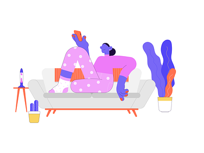 Relax, work from your phone chill design flat home icon illustration minimal money phone pijamas plants relax sofa vector work