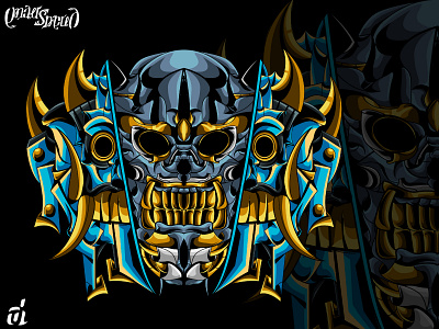 Mecha Skull Rangda balinese blue creative illustration culture detailed digital design digital illustration gold graphic artist graphic design illustration illustrator mecha rangda robot t shirt design vector