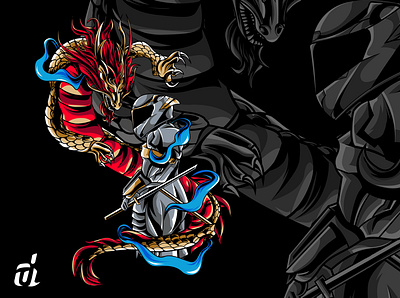 Samurai TTC and Dragon creative illustration design detailed digital illustration graphic artist graphic design helmet illustration illustrator ronin samurai vector