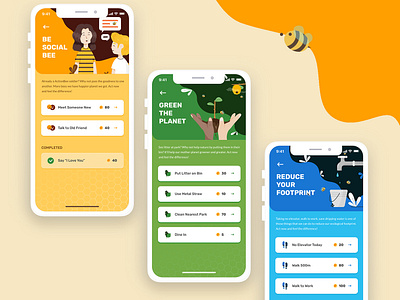 Actionbee app bee branding design environmental illustration ui ux