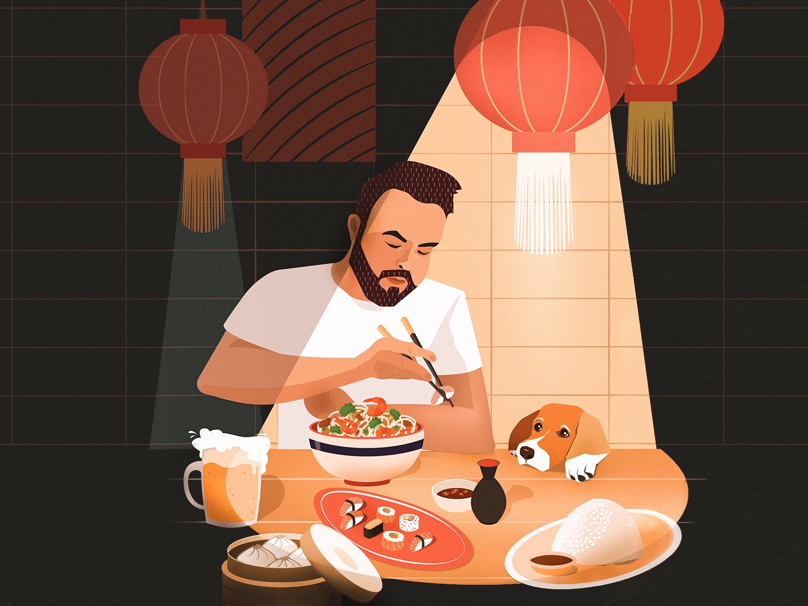 ASIAN EVENING art asian chinese design dog flat food illustration vector