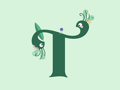 Two birdies staring at each other 🦚♥ alphabet awkward birds character cute cute animals green leaves letter t minimal nature pastel peacock serif typeface typography