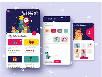 Whishlists, the app christmas colorful design app lists mobile ui vector
