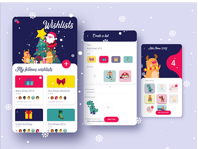 Whishlists, the app christmas colorful design app lists mobile ui vector