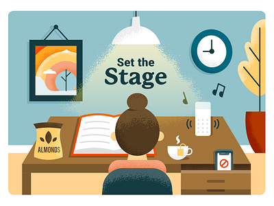 Set the Stage alexa books desk environment finals girl illustration music office office space person school snacks study studying top bun